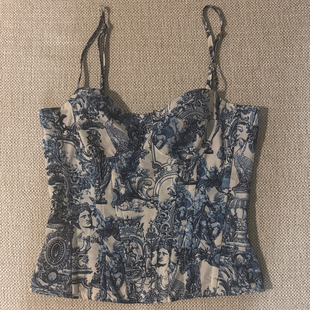 PrettyLittleThing blue and white toile corset top